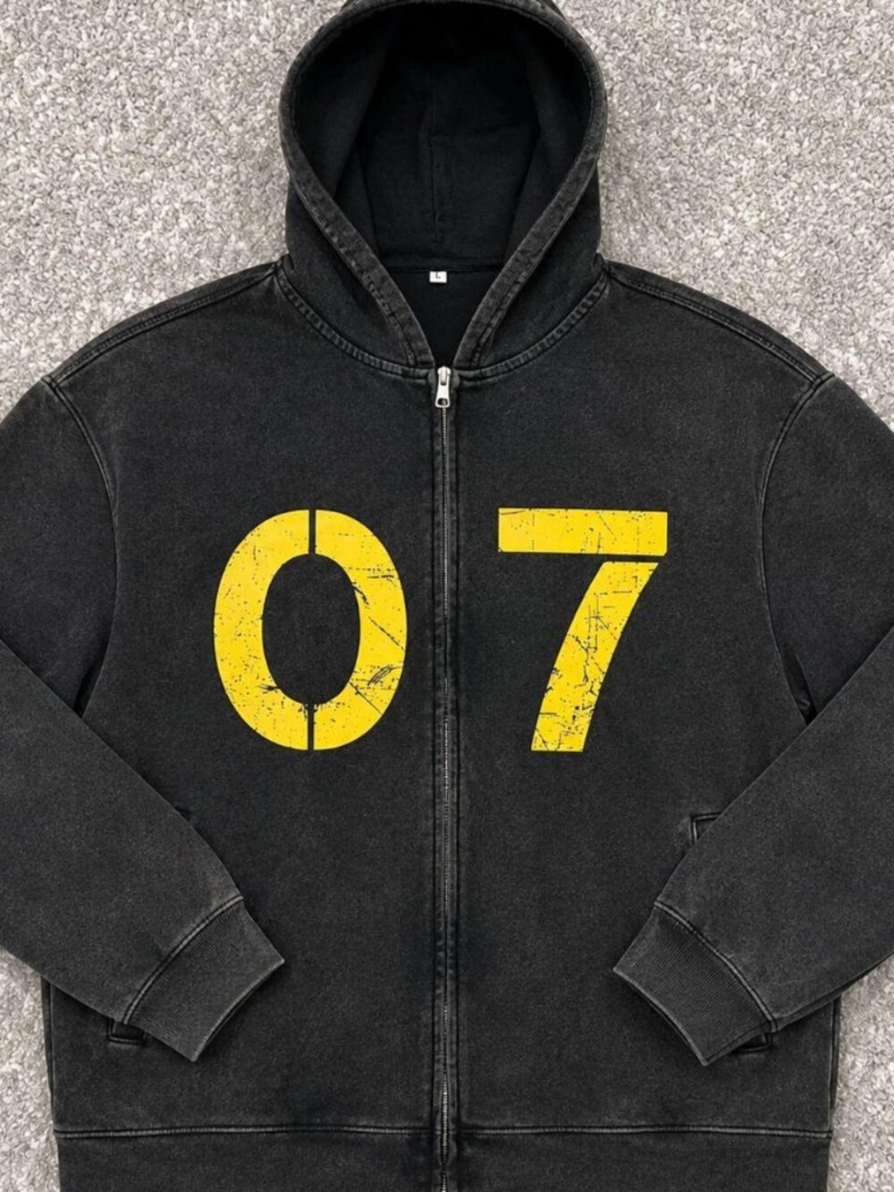 Vintage Washed Black 07 Graphic Full Zip Hoodie Size Large